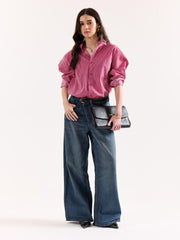 Cherry Red Pinstriped Poplin Oversized Shirt